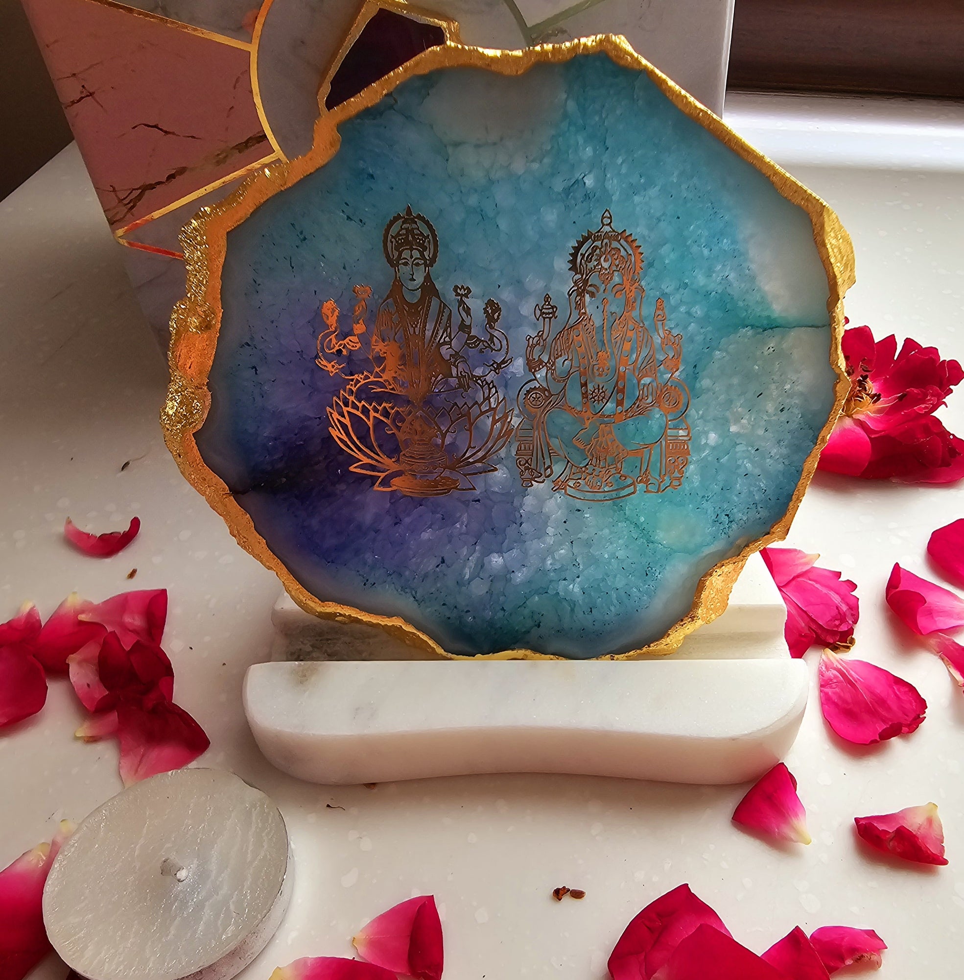 Laxmi Ganesha Agate with Marble Base Back Side Tealight-Turquoise