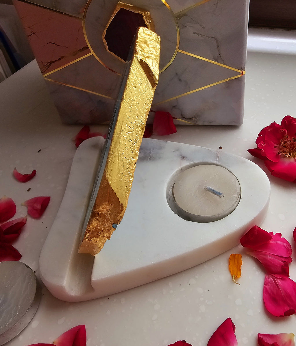 Laxmi Ganesha Agate with Marble Base Back Side Tealight-Turquoise