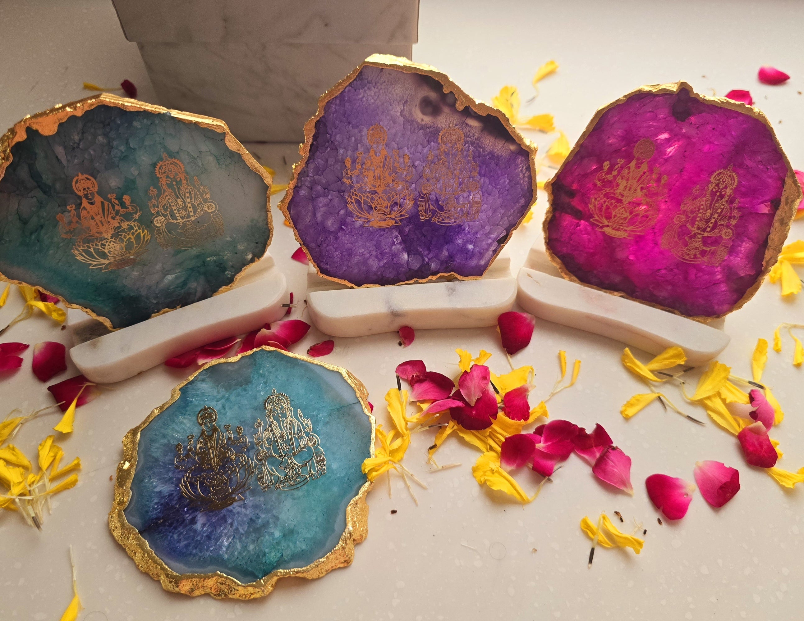 Laxmi Ganesha Agate with Marble Base Back Side Tealight-Turquoise