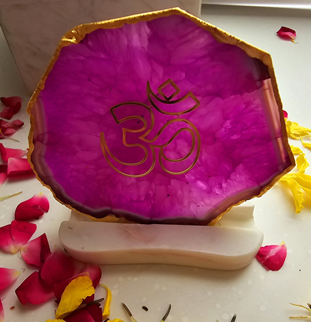 OM Agate with Marble Base Back Side Tealight-Pink