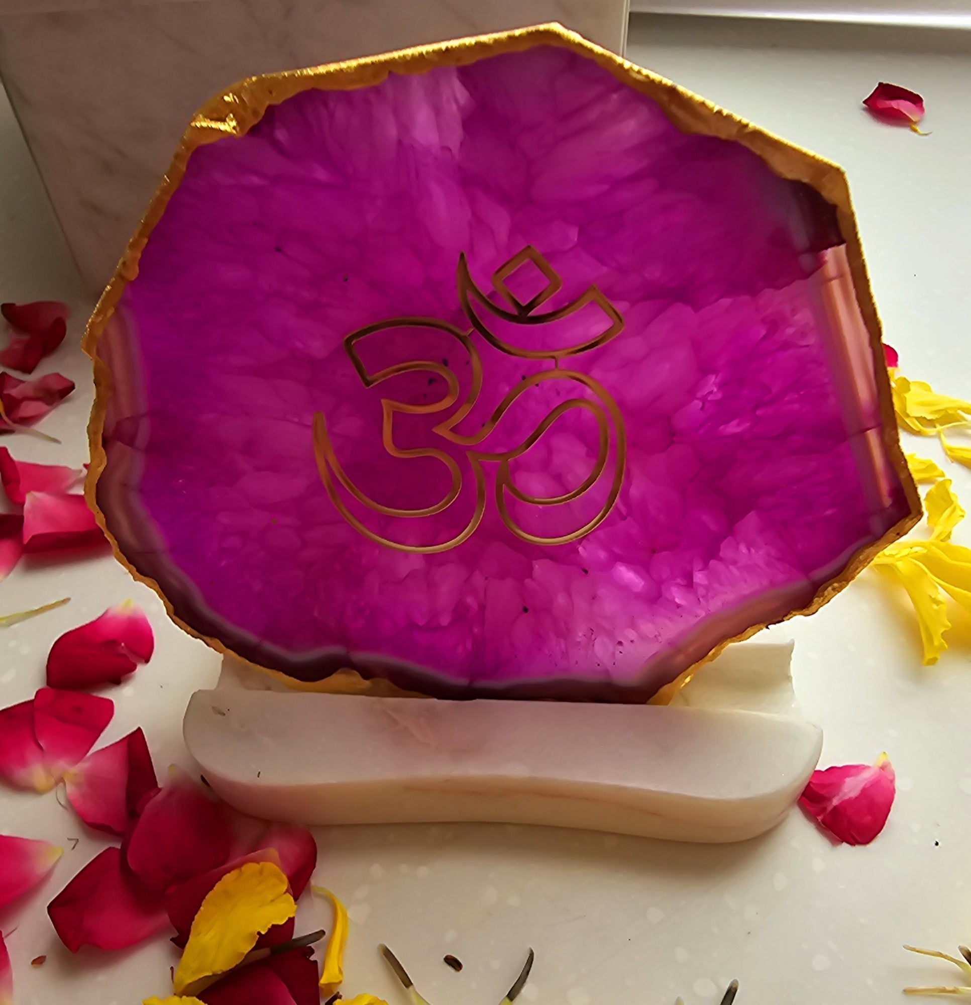 OM Agate with Marble Base Back Side Tealight-Pink