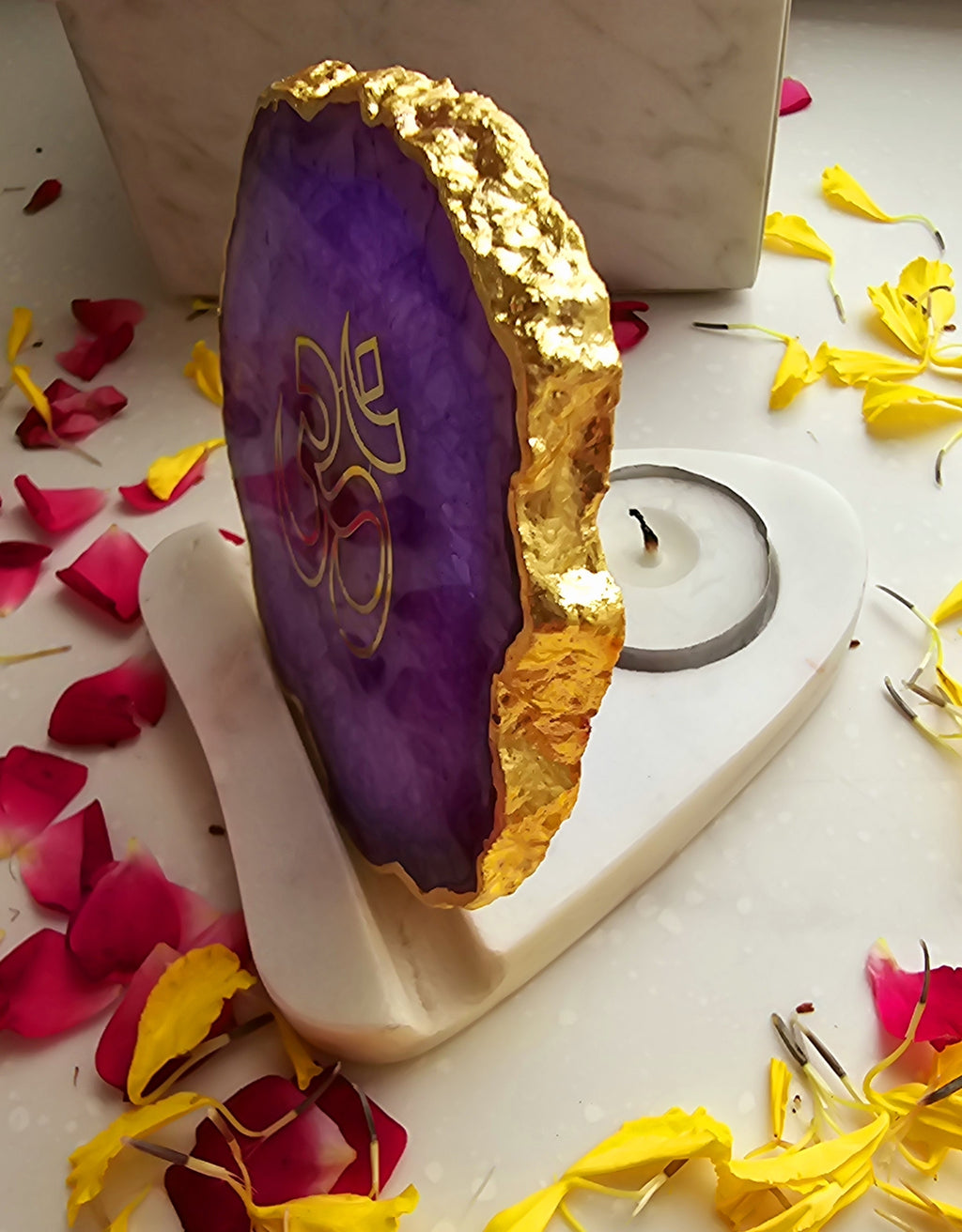 OM Agate with Marble Base Back Side Tealight-Purple