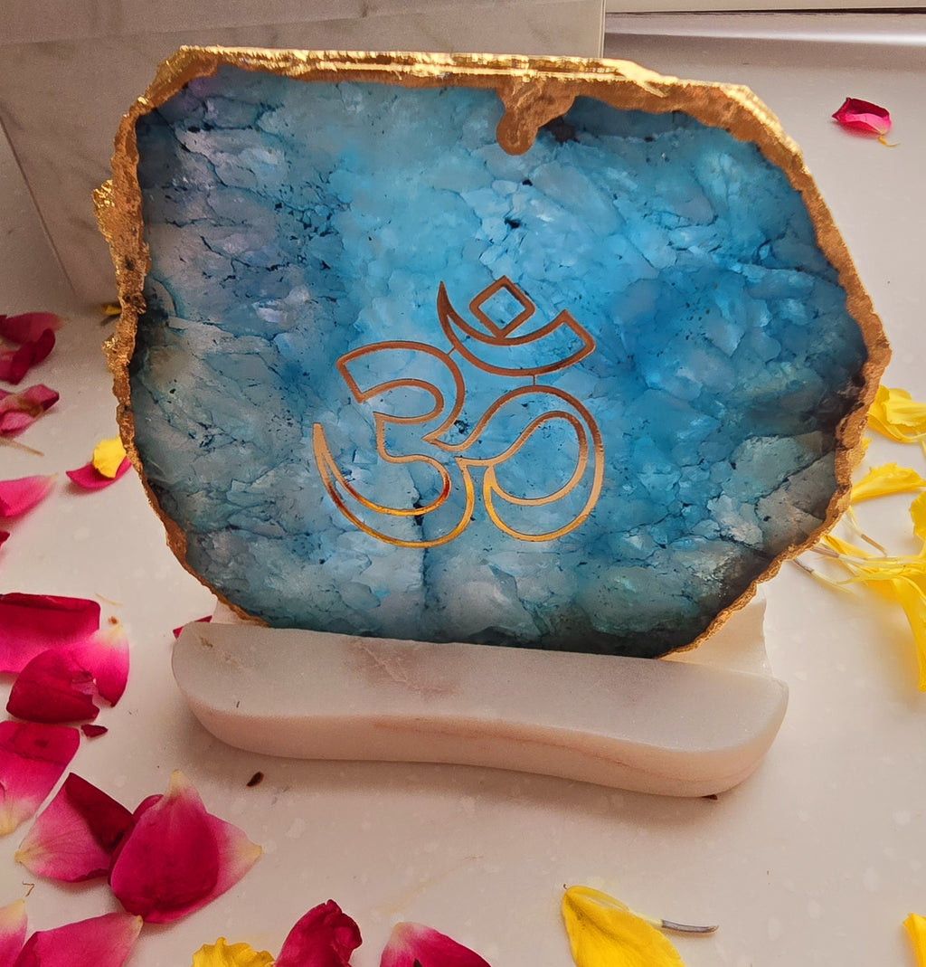 OM Agate with Marble Base Back Side Tealight-Turquoise