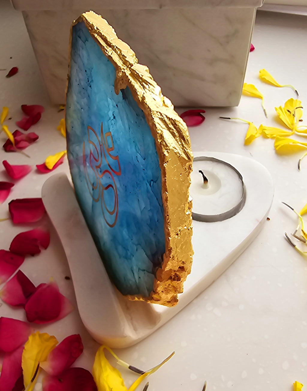 OM Agate with Marble Base Back Side Tealight-Turquoise