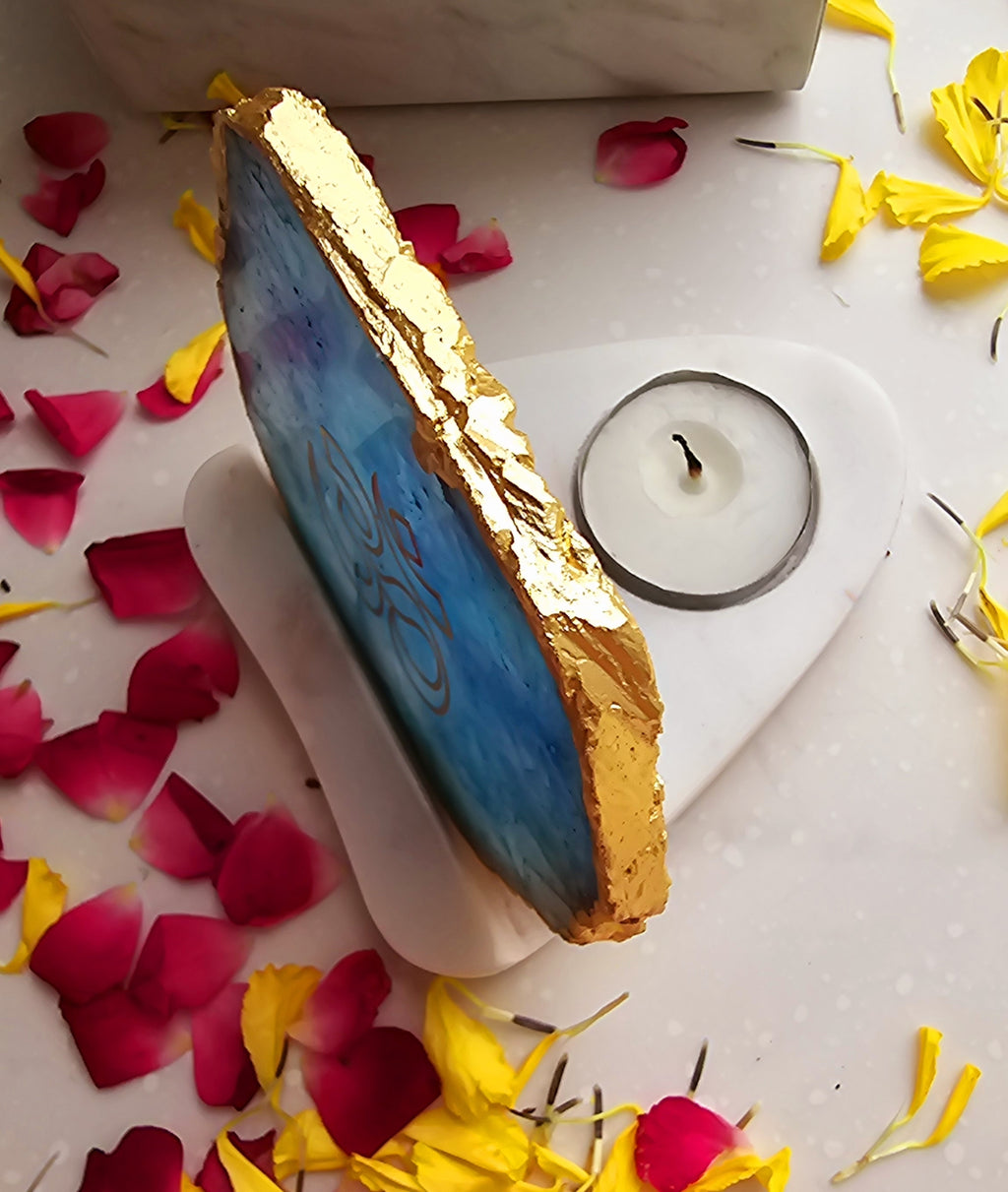 OM Agate with Marble Base Back Side Tealight-Turquoise