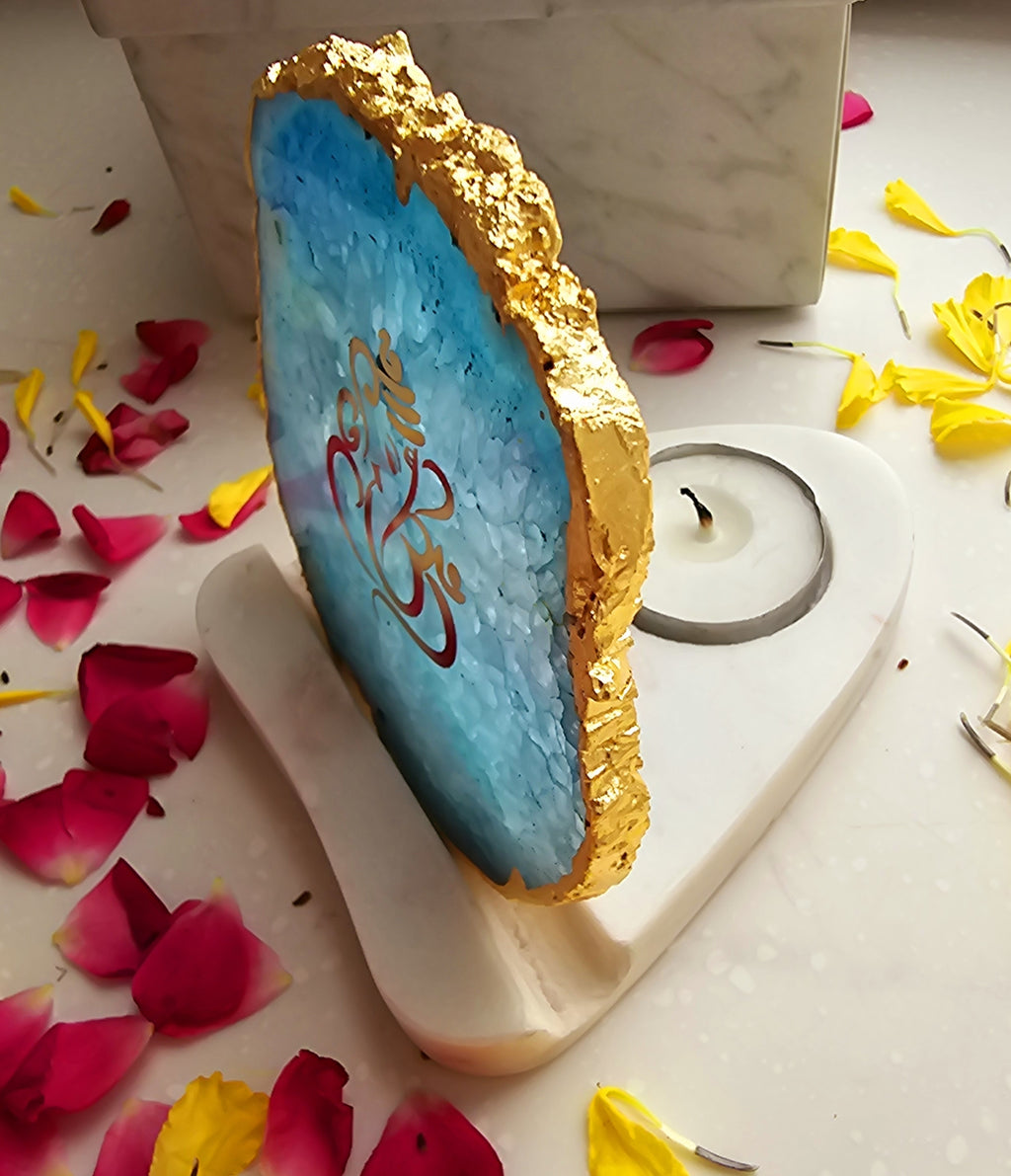 Ganesha Agate with Marble Base Back Side Tealight-Turquoise