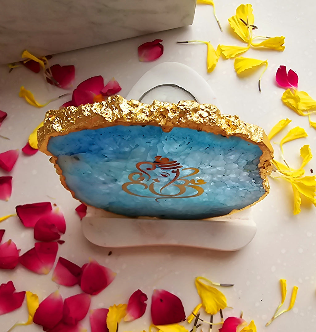 Ganesha Agate with Marble Base Back Side Tealight-Turquoise