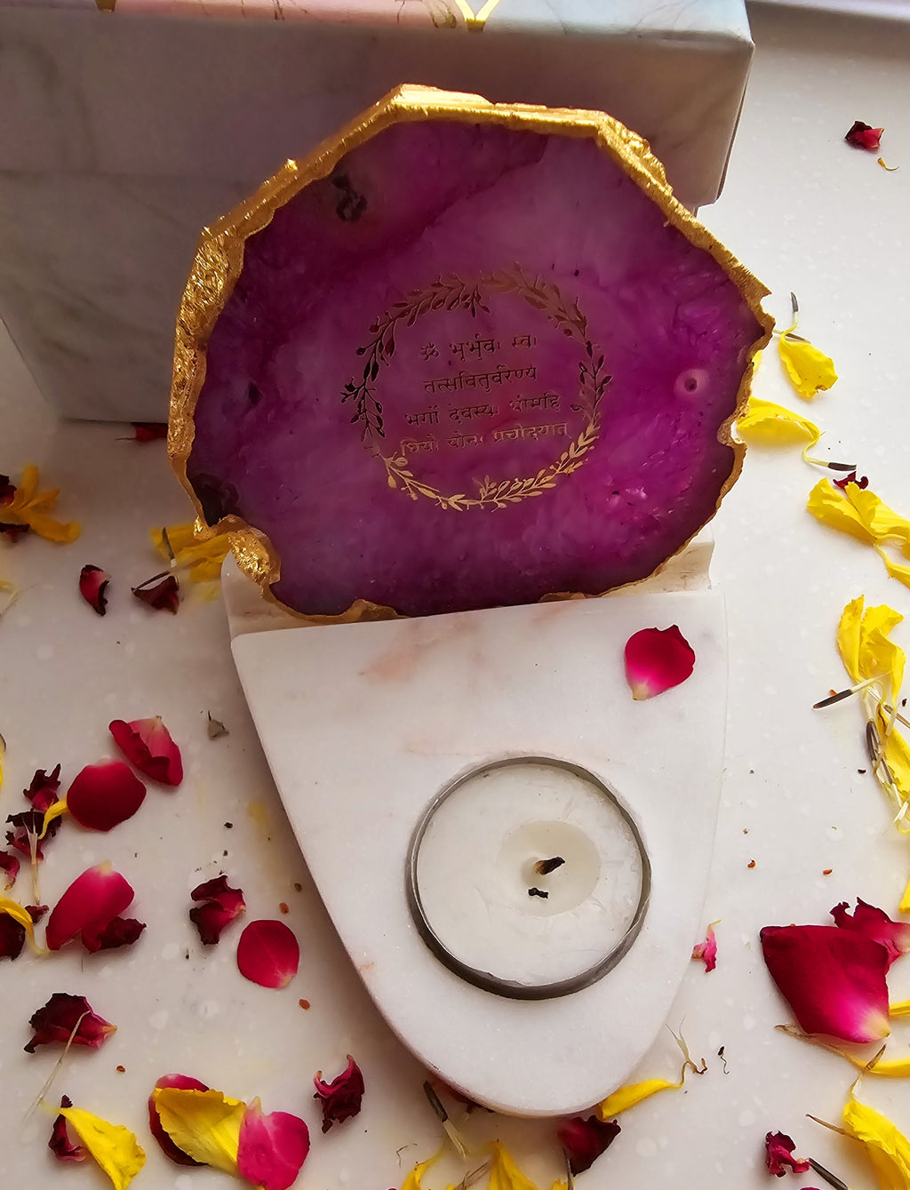 Gayatri Mantra Agate with Marble Base Front Side Tealight-Pink