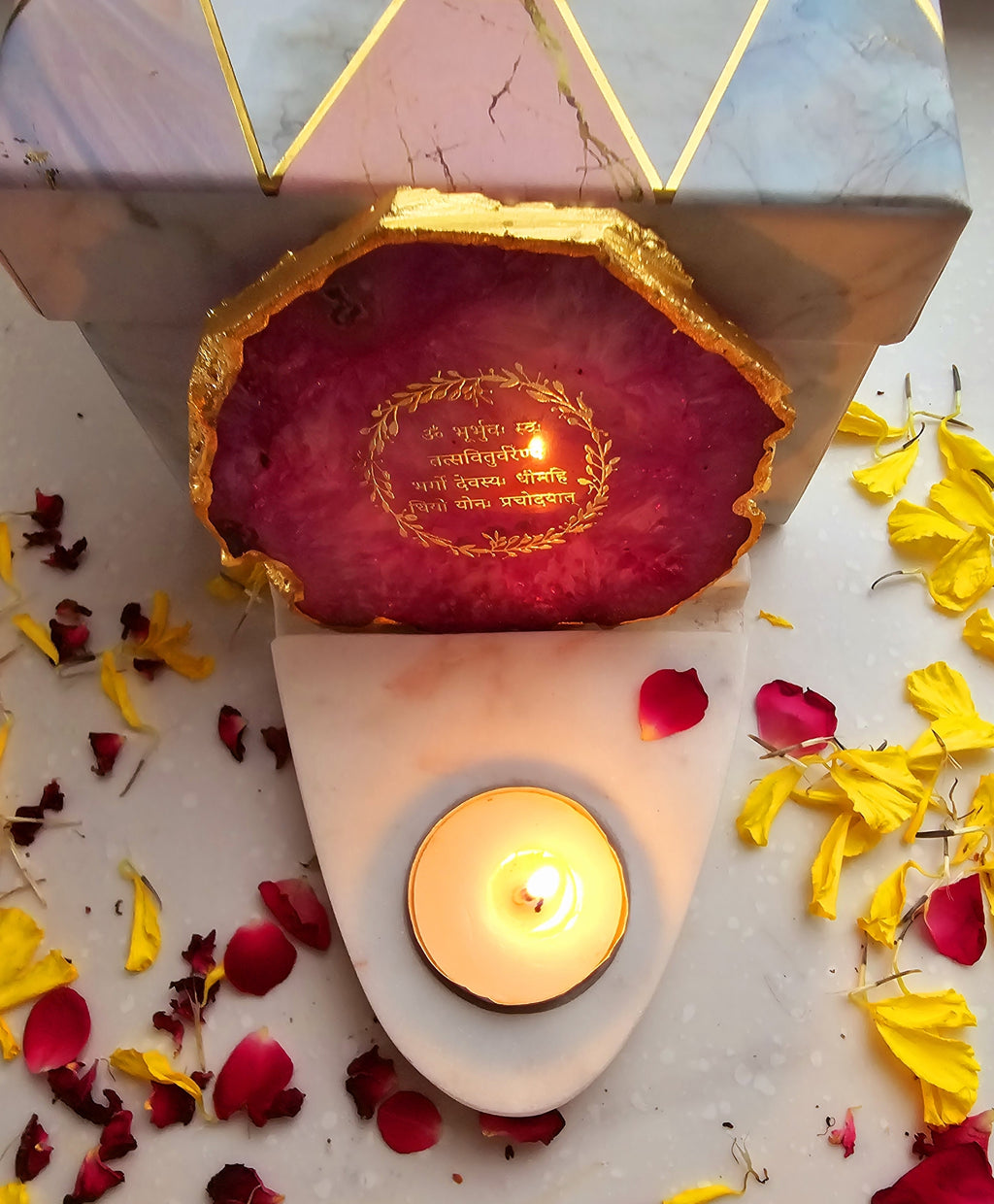 Gayatri Mantra Agate with Marble Base Front Side Tealight-Pink