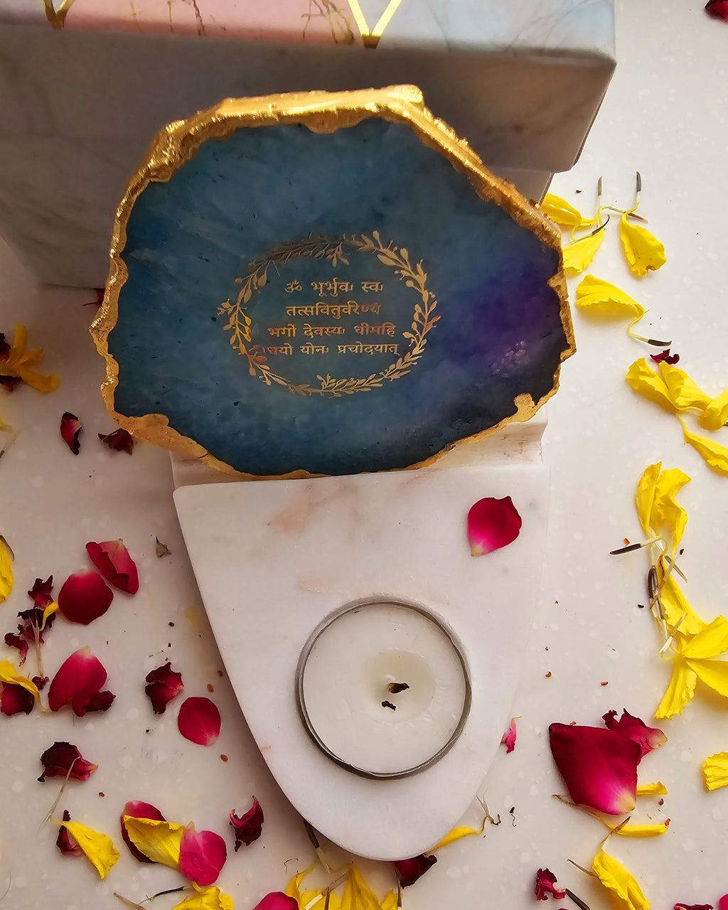 Gayatri Mantra Agate with Marble Base Front Side Tealight-Turquoise