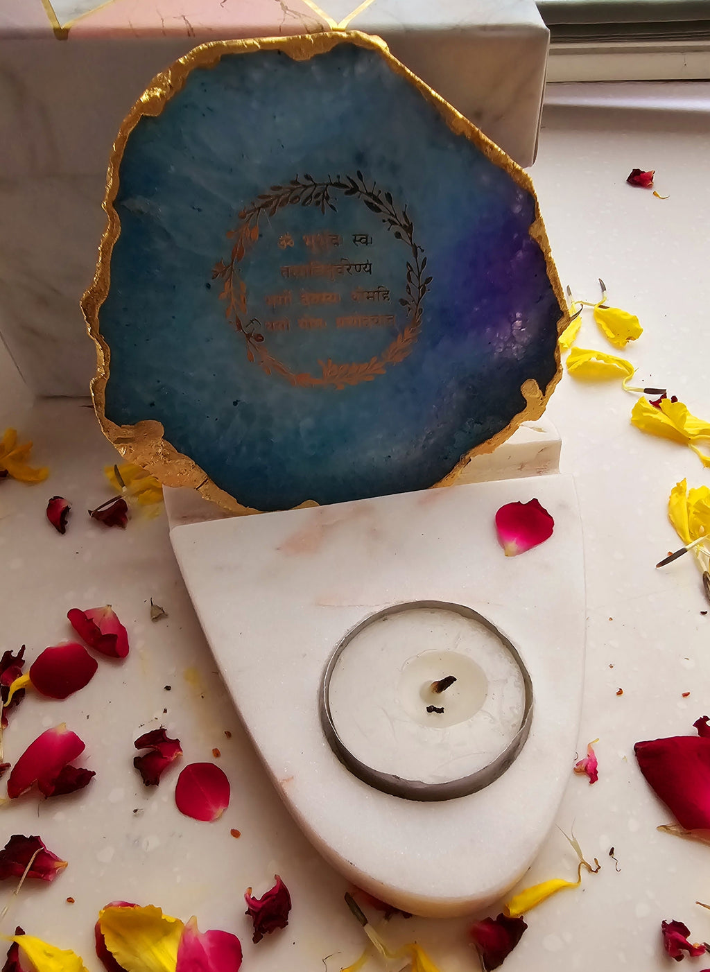 Gayatri Mantra Agate with Marble Base Front Side Tealight-Turquoise