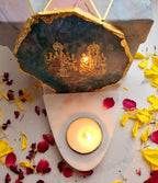 Laxmi Ganesha Agate with Marble Base Front Side Tealight-Green