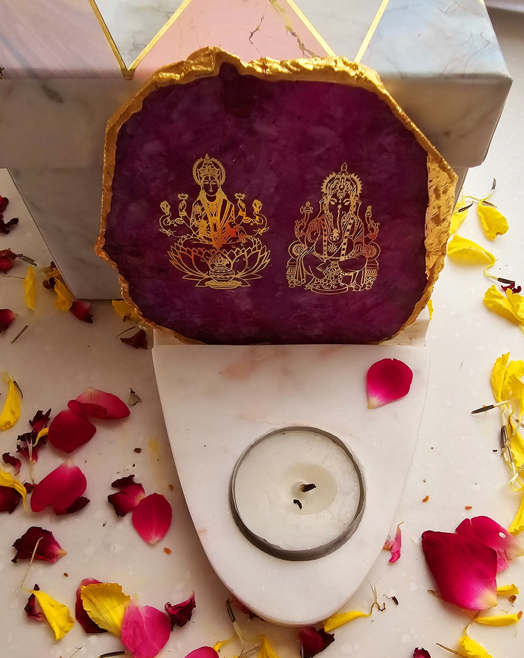 Laxmi Ganesha Agate with Marble Base Front Side Tealight-Pink