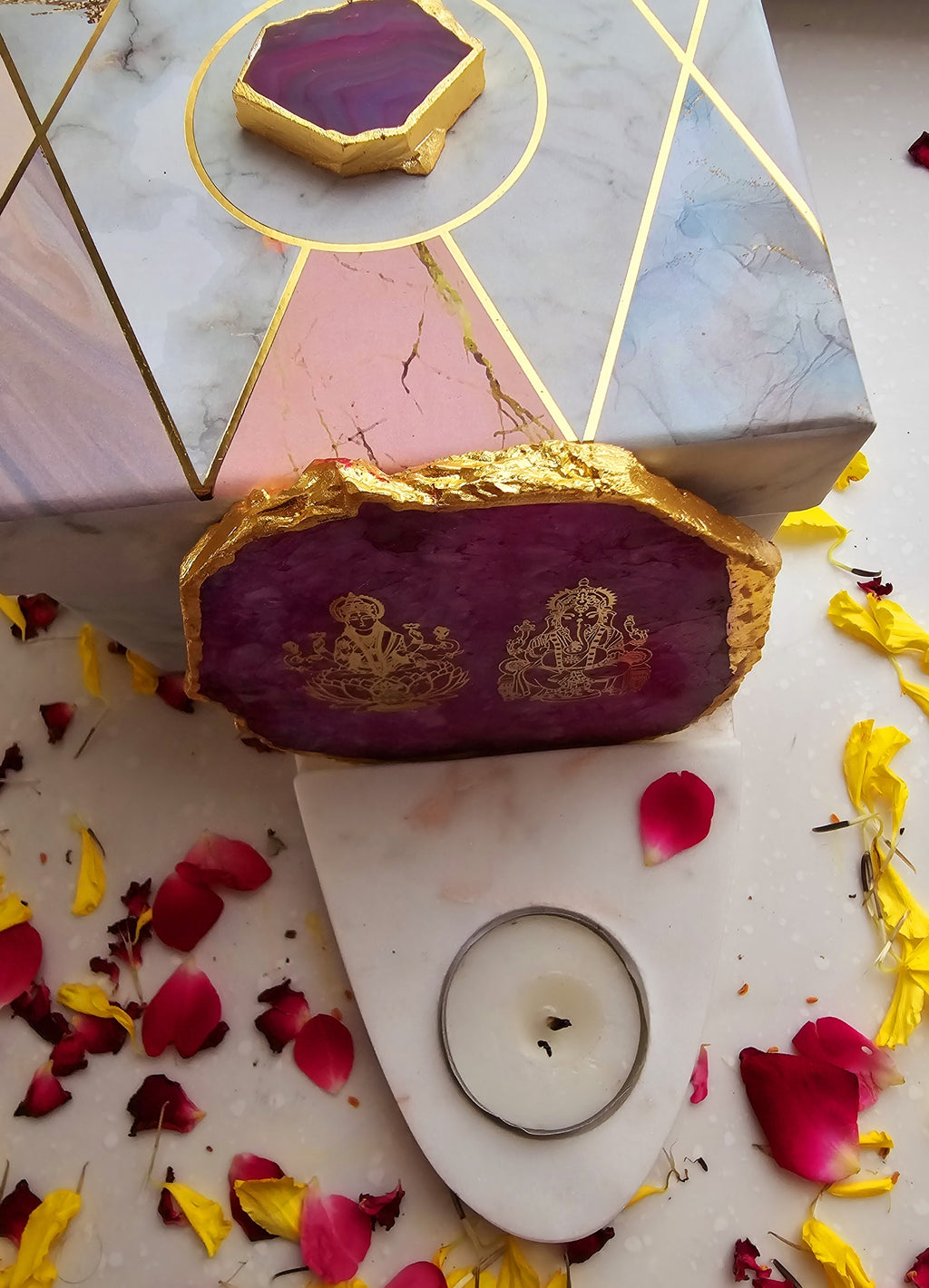 Laxmi Ganesha Agate with Marble Base Front Side Tealight-Pink