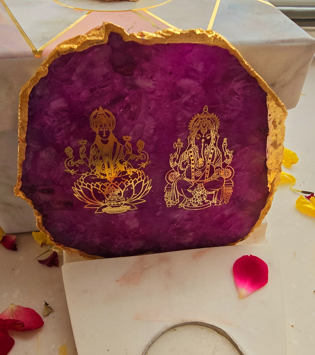 Laxmi Ganesha Agate with Marble Base Front Side Tealight-Pink