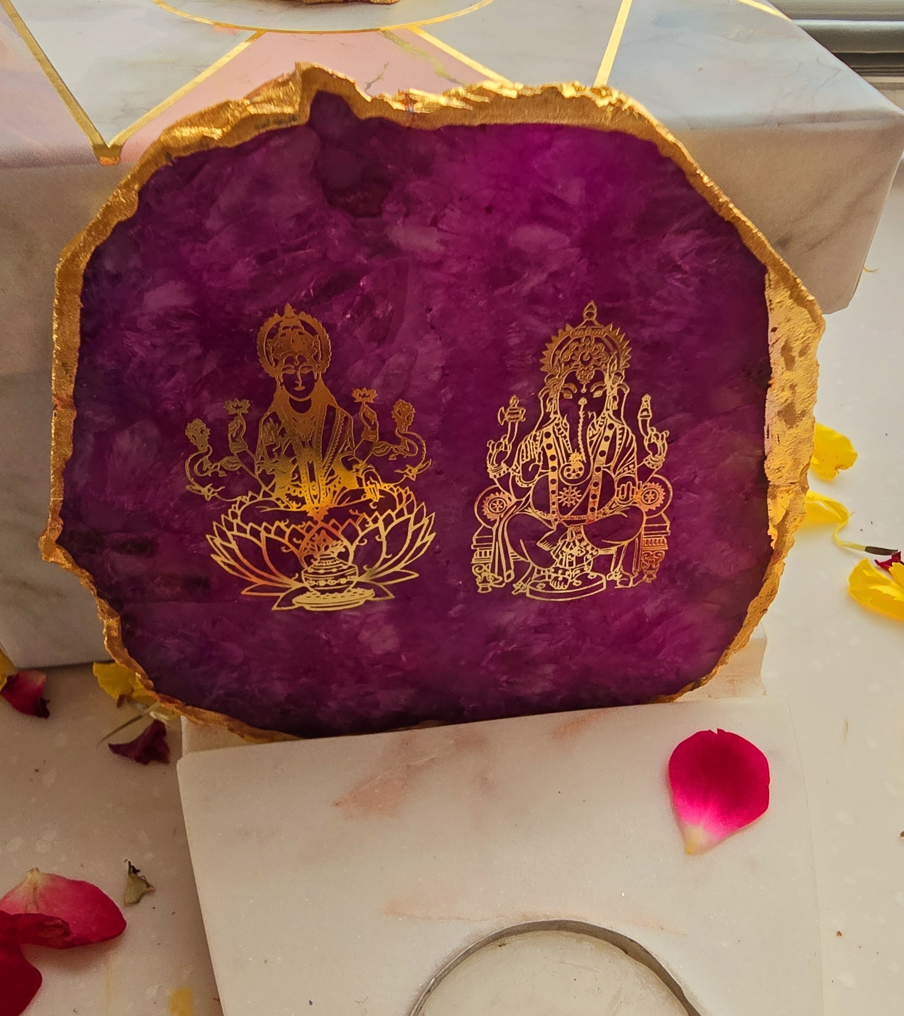 Laxmi Ganesha Agate with Marble Base Front Side Tealight-Pink