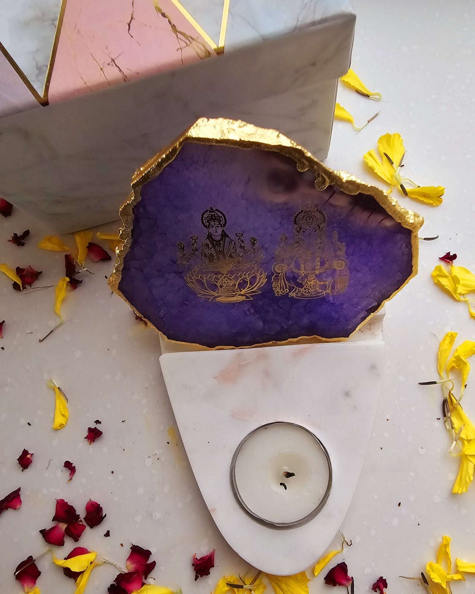 Laxmi Ganesha Agate with Marble Base Front Side Tealight-Purple
