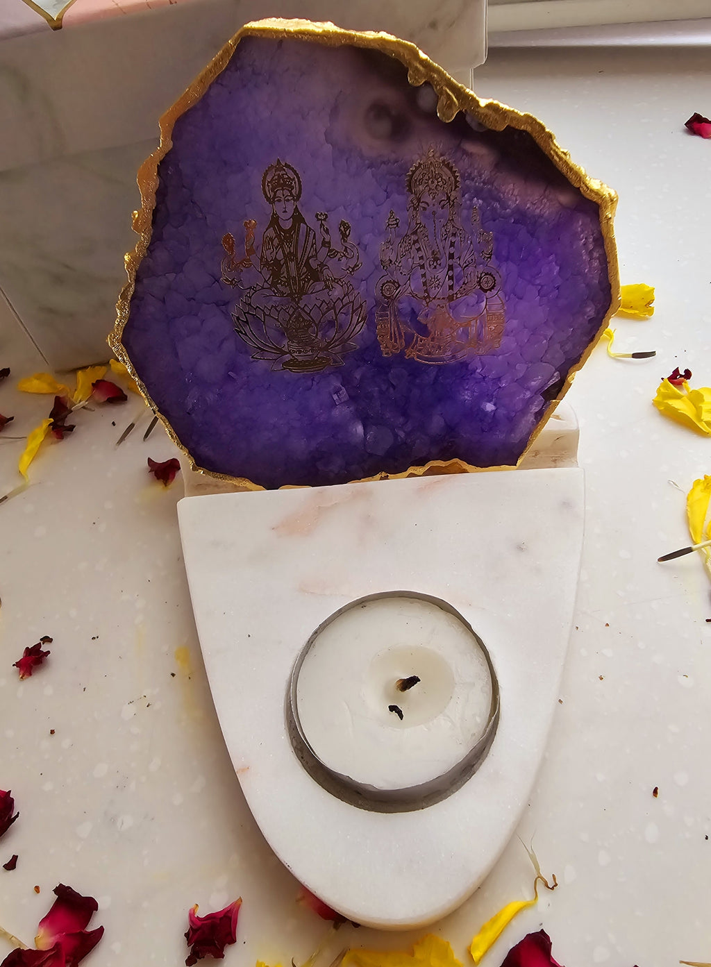 Laxmi Ganesha Agate with Marble Base Front Side Tealight-Purple