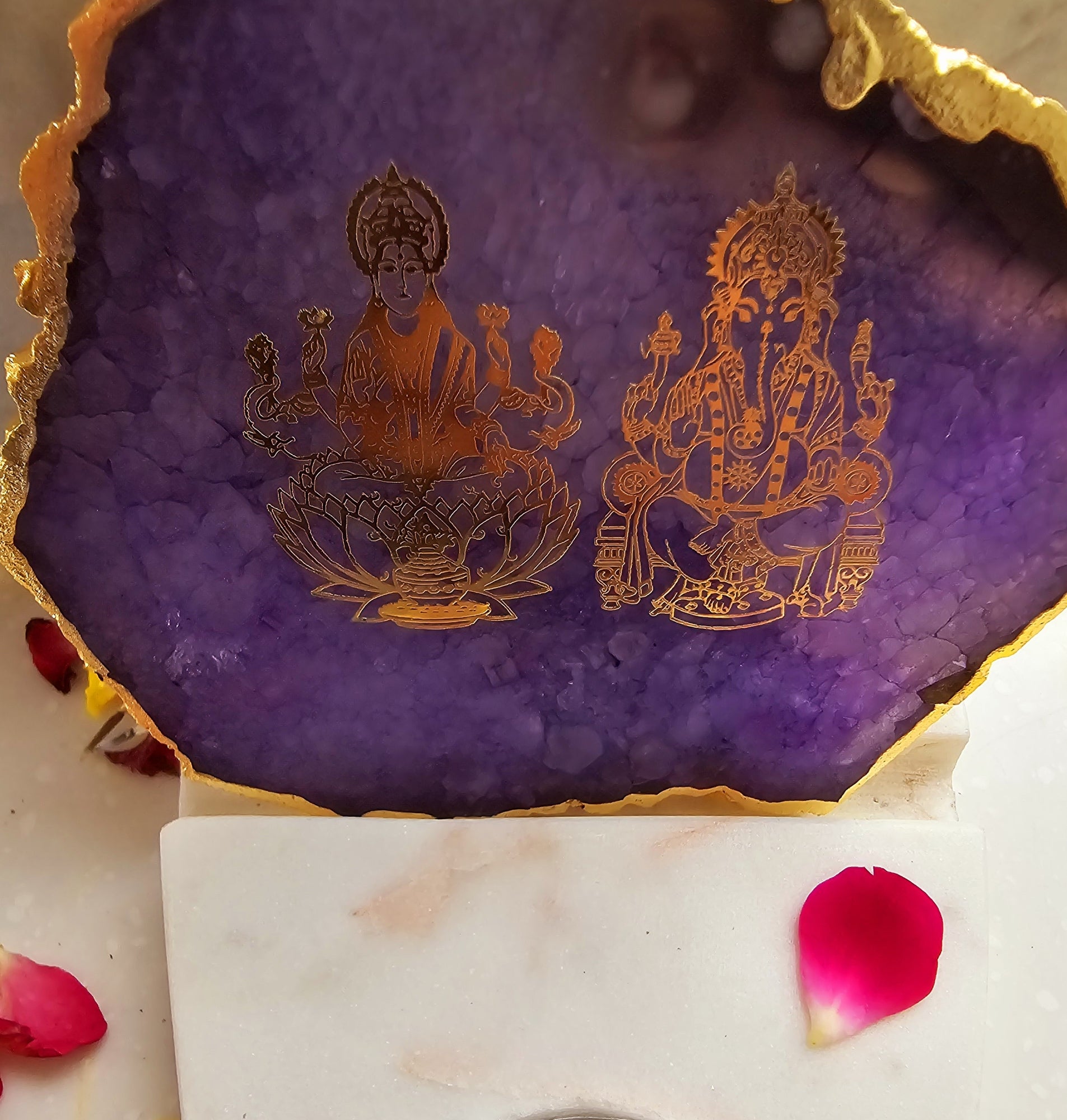 Laxmi Ganesha Agate with Marble Base Front Side Tealight-Purple