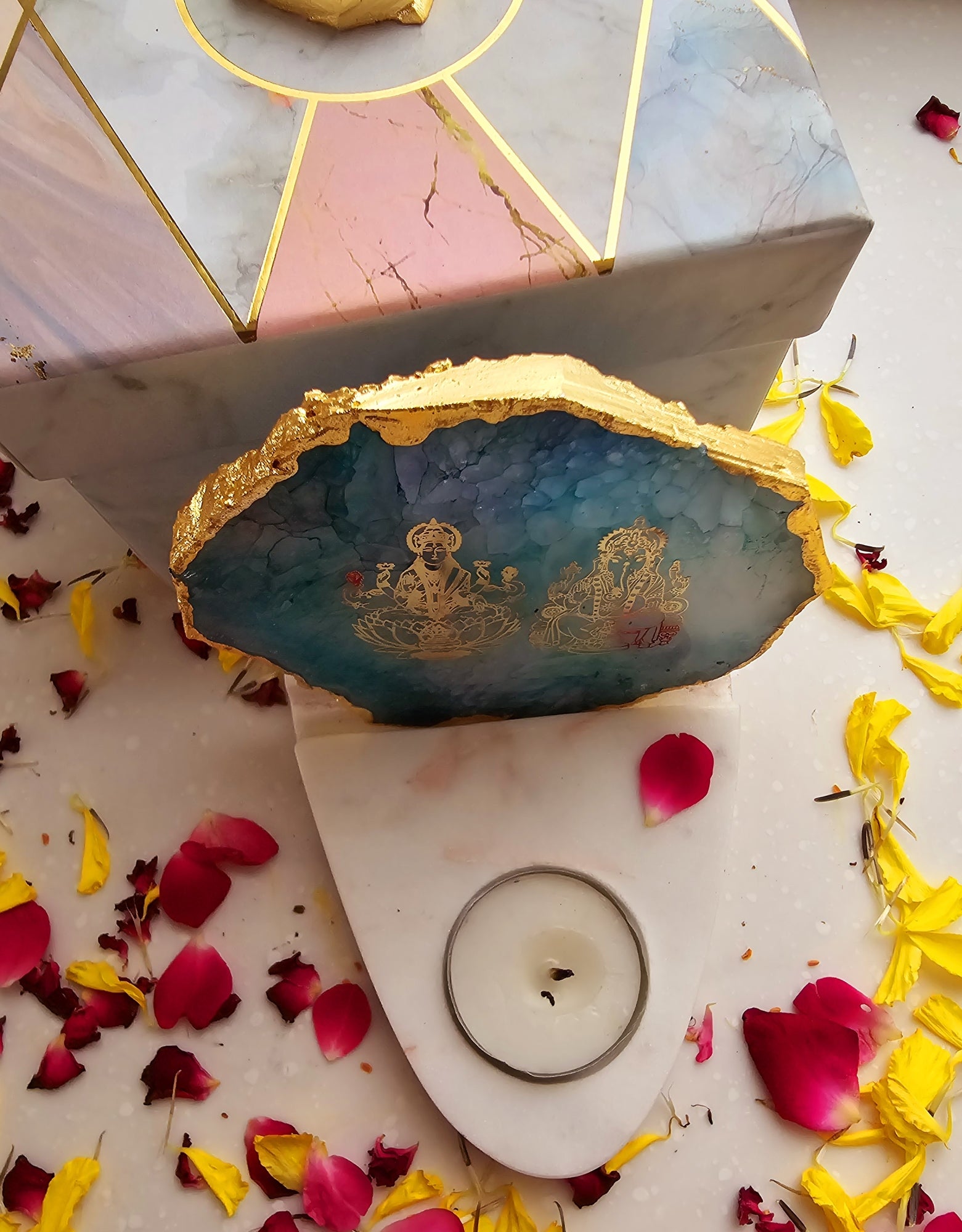 Laxmi Ganesha Agate with Marble Base Front Side Tealight-Turquoise