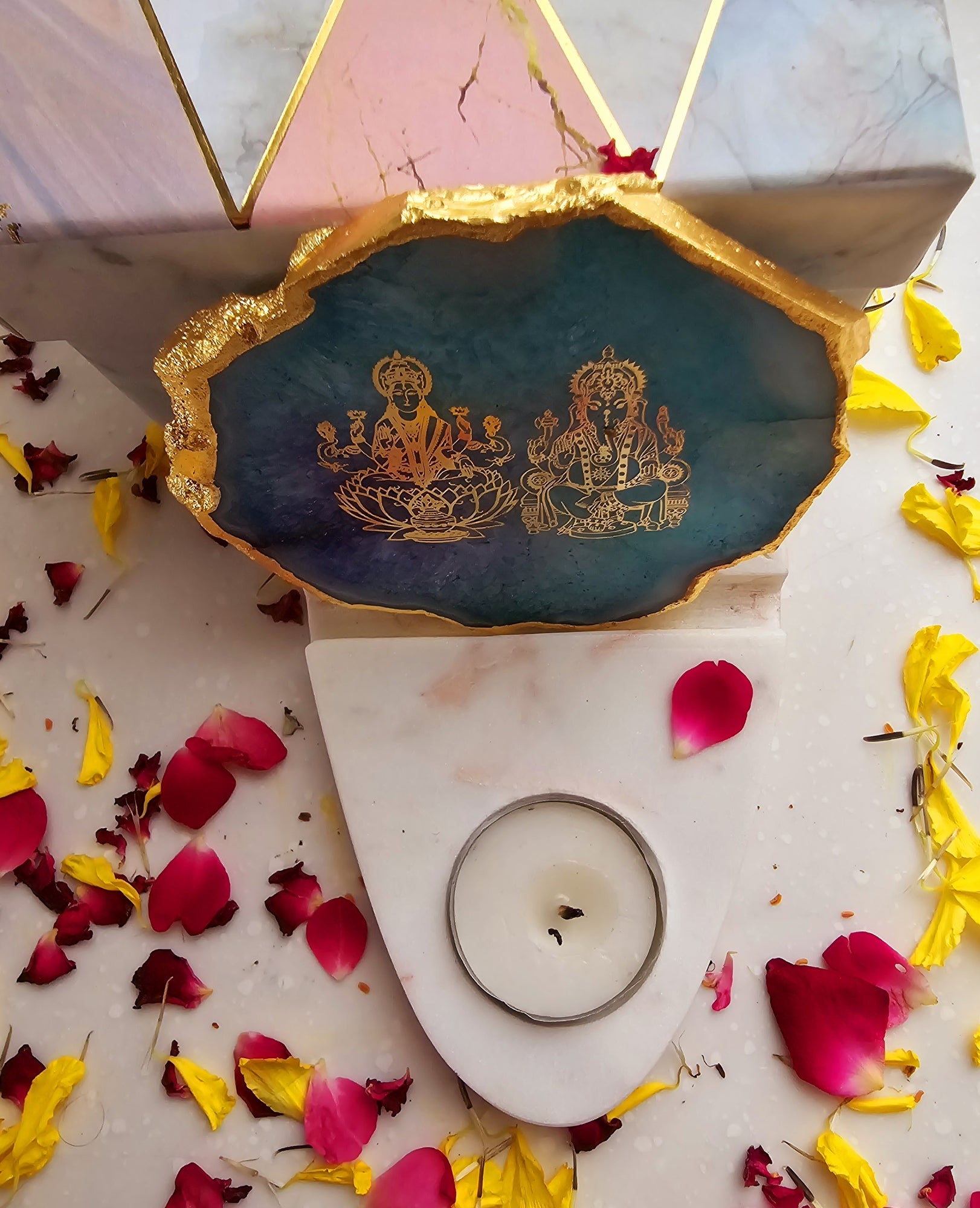 Laxmi Ganesha Agate with Marble Base Front Side Tealight-Turquoise