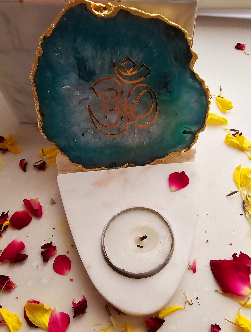OM Agate with Marble Base Front Side Tealight-Green