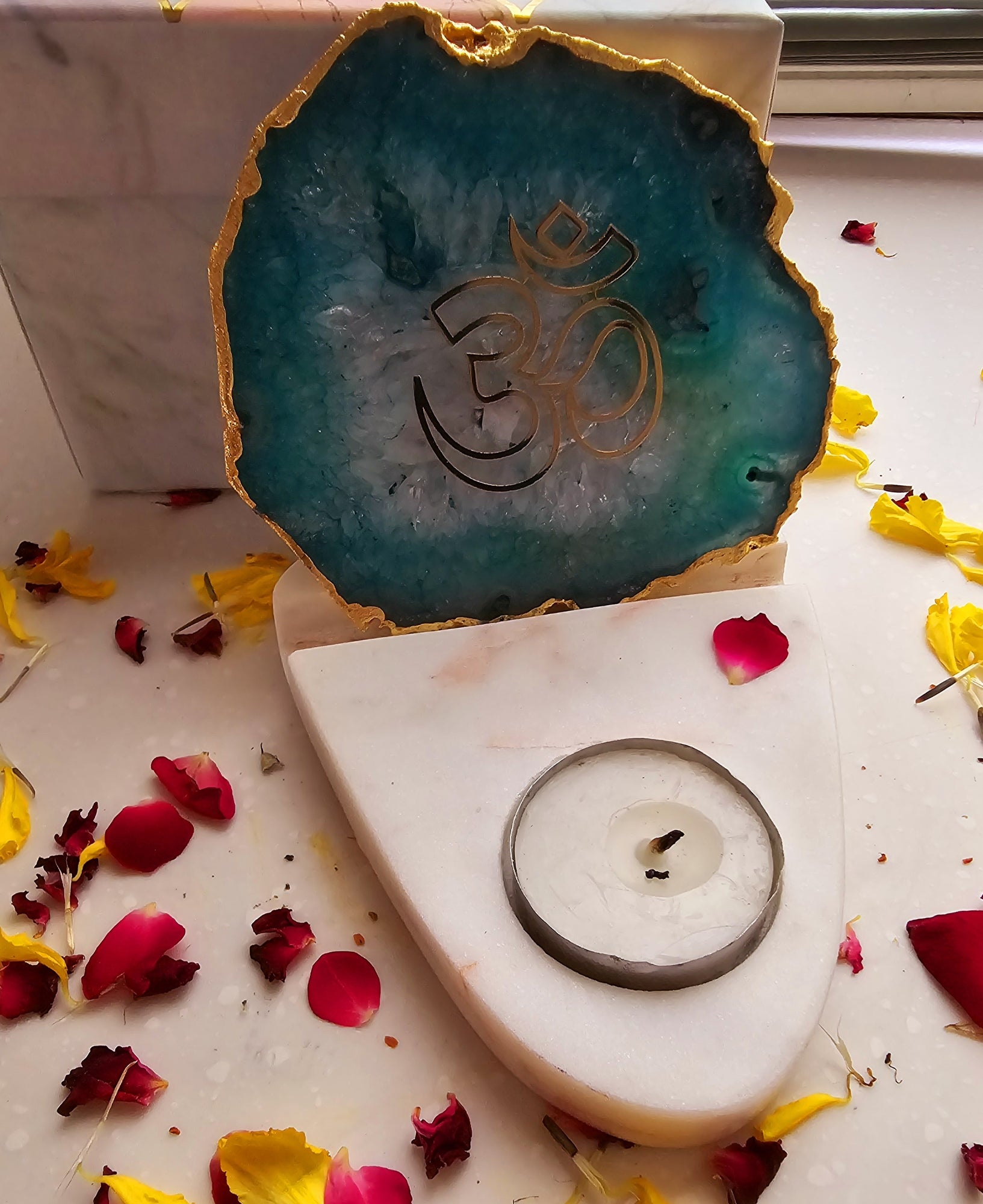 OM Agate with Marble Base Front Side Tealight-Green