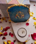 Ganesha Agate with Marble Base Front Side Tealight-Turquoise