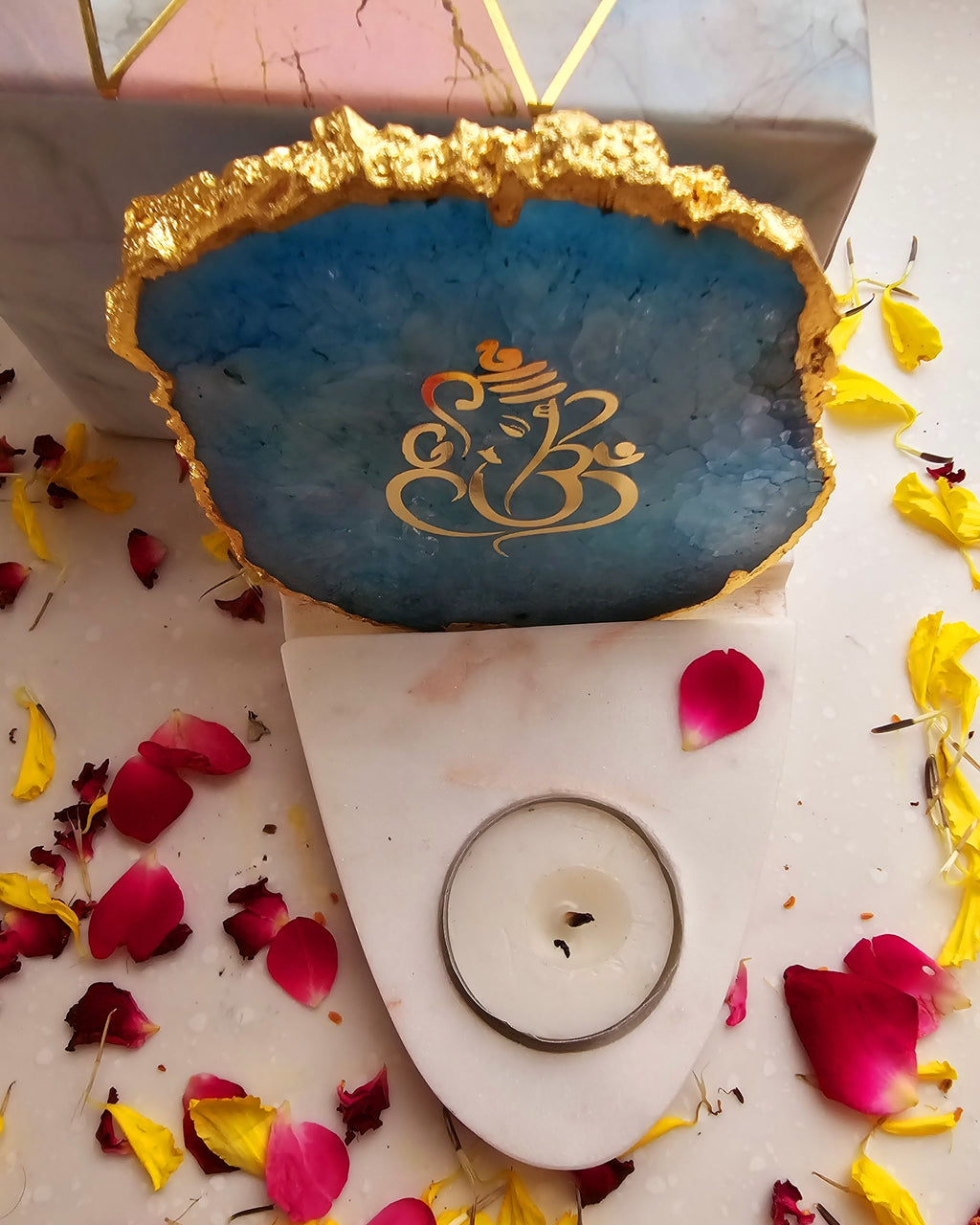 Ganesha Agate with Marble Base Front Side Tealight-Turquoise