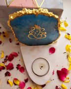 Ganesha Agate with Marble Base Front Side Tealight-Turquoise