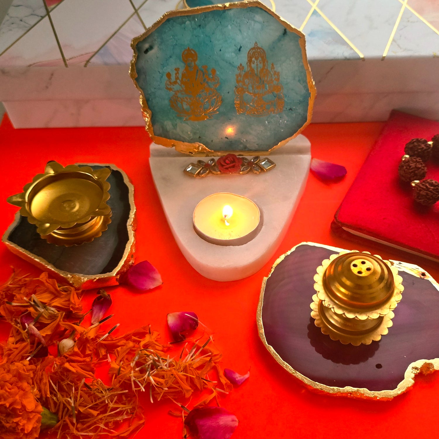 Agate Pooja Set With Laxmi Ganesha Tealight Holder , Brass Diya And Incense Holder