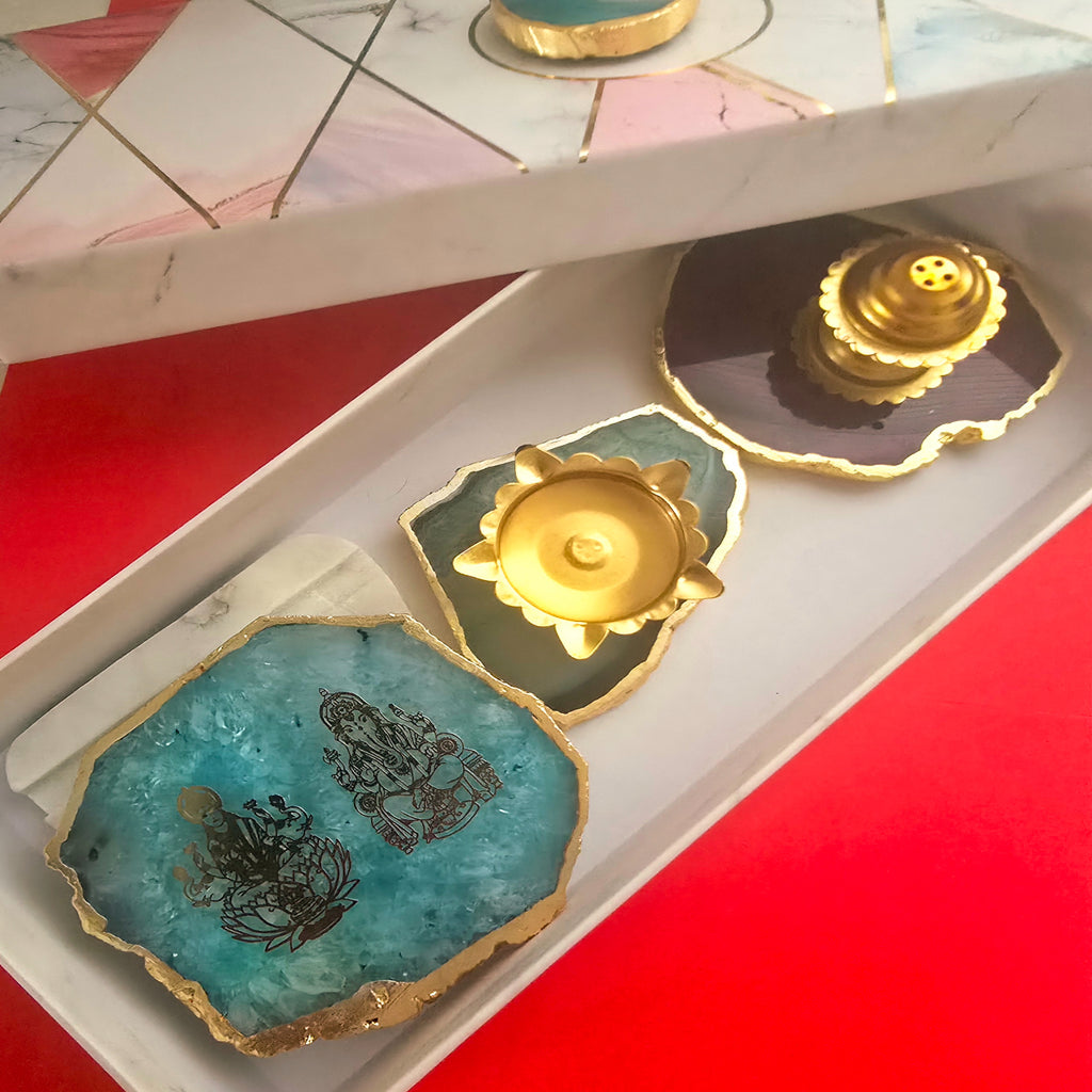 Agate Pooja Set With Laxmi Ganesha Tealight Holder , Brass Diya And Incense Holder