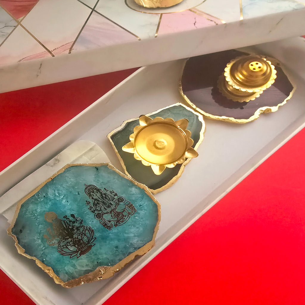 Agate Pooja Set With Laxmi Ganesha Tealight Holder , Brass Diya And Incense Holder