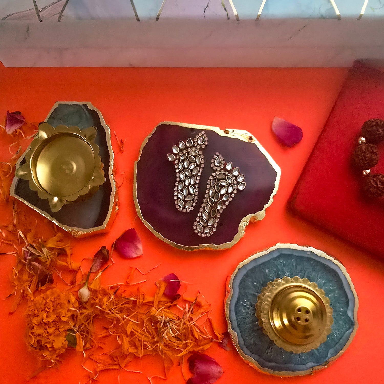 Agate Pooja Set With Laxmi Charan ,Brass Diya And Incense Holder