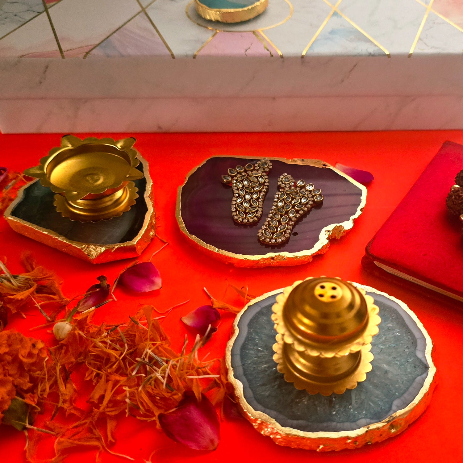 Agate Pooja Set With Laxmi Charan ,Brass Diya And Incense Holder