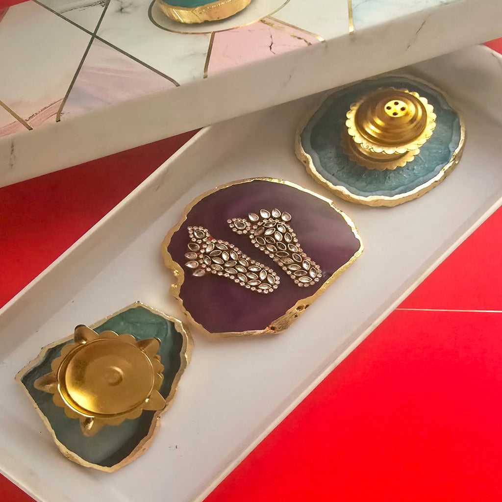 Agate Pooja Set With Laxmi Charan ,Brass Diya And Incense Holder