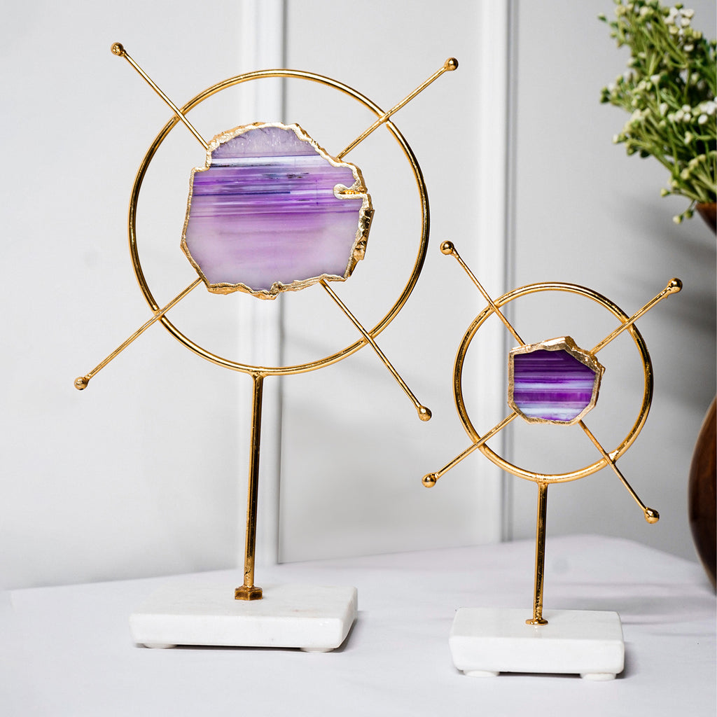 Purple Agate Metal Criss Cross Shape Showpiece with Marble Base Set of 2 Home Decor Accent