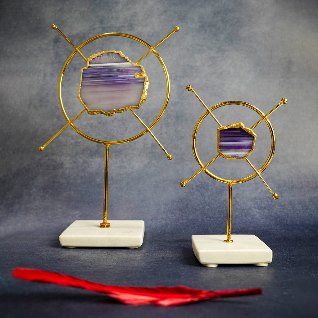 Purple Agate Metal Criss Cross Shape Showpiece with Marble Base Set of 2 Home Decor Accent