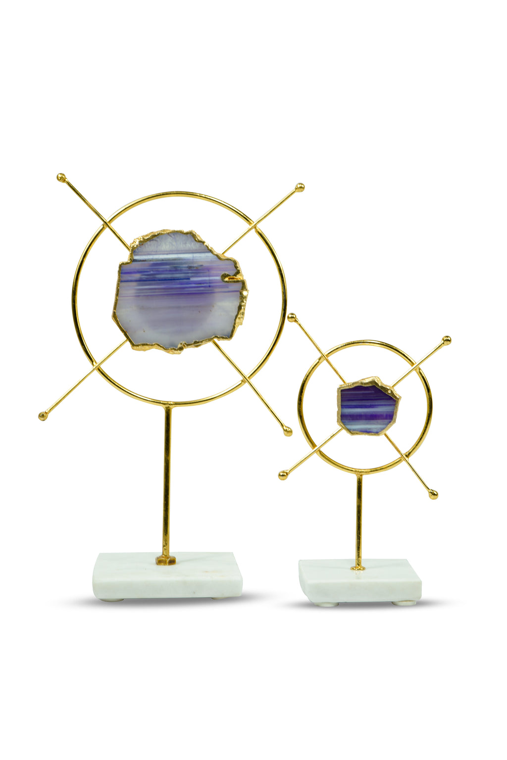 Purple Agate Metal Criss Cross Shape Showpiece with Marble Base Set of 2 Home Decor Accent