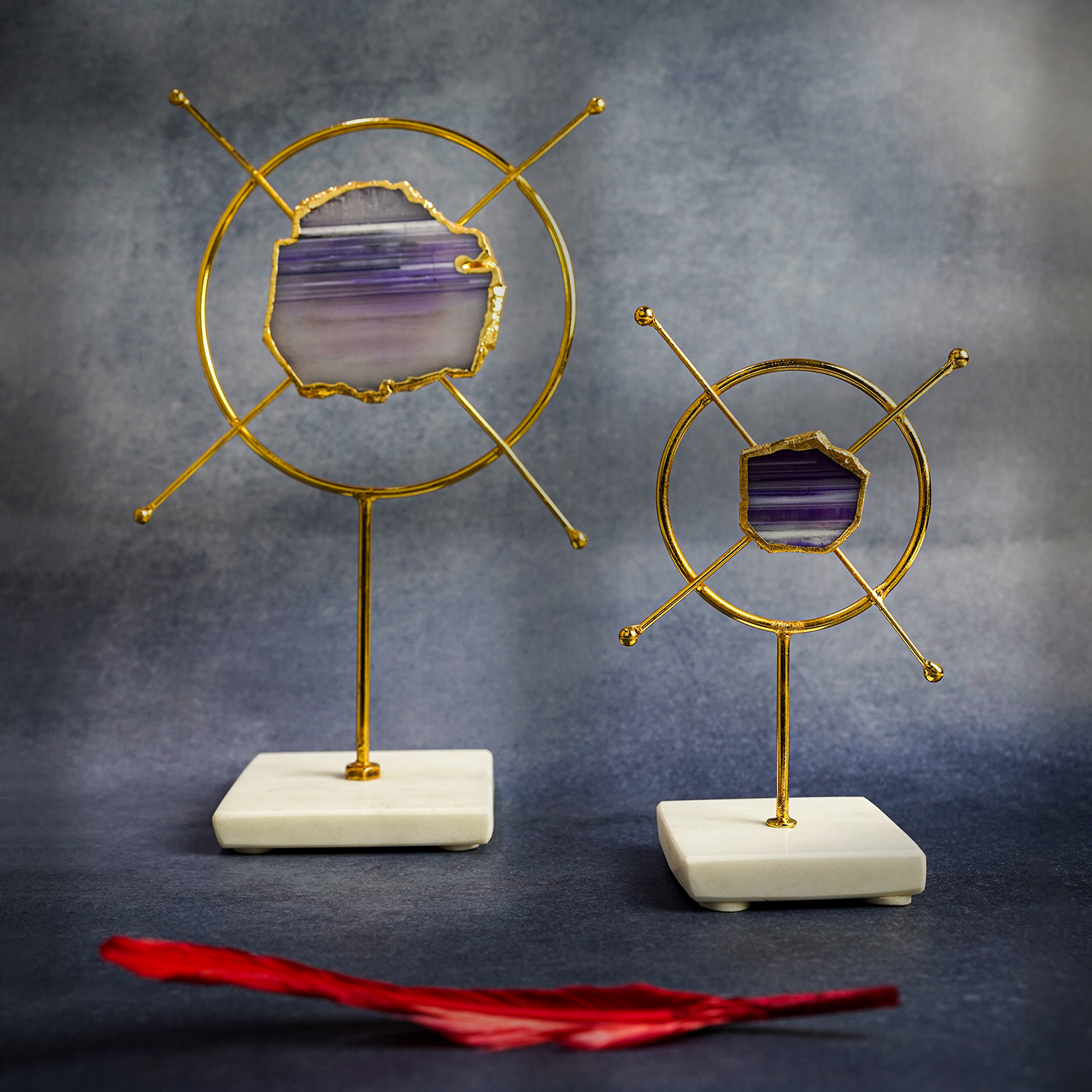 Purple Agate Metal Criss Cross Shape Showpiece with Marble Base Set of 2 Home Decor Accent