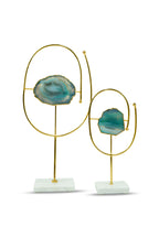 Turquoise Agate Metal Oval Shape Showpiece with Marble Base Set of 2 Home Decor Accent