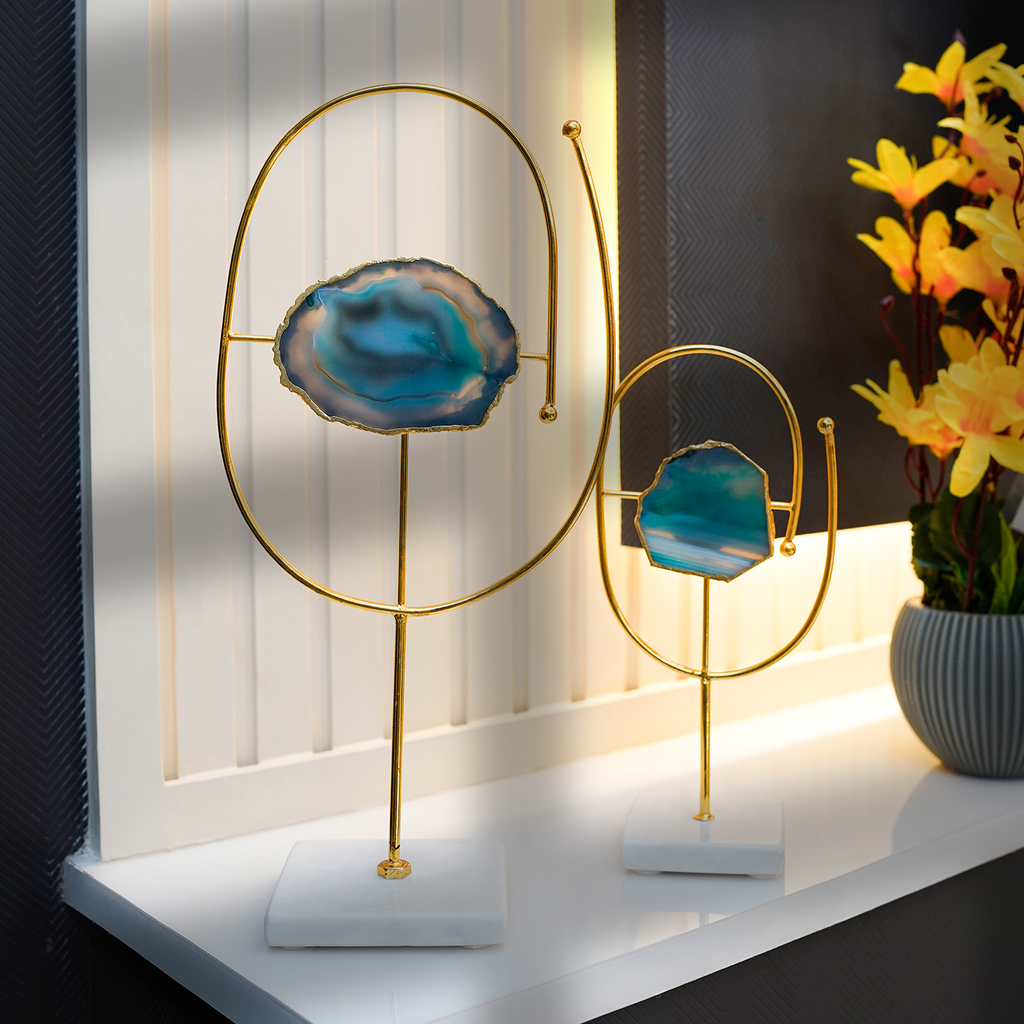 Turquoise Agate Metal Oval Shape Showpiece with Marble Base Set of 2 Home Decor Accent