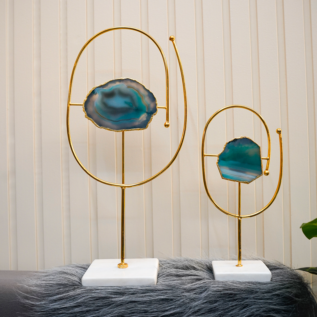 Turquoise Agate Metal Oval Shape Showpiece with Marble Base Set of 2 Home Decor Accent