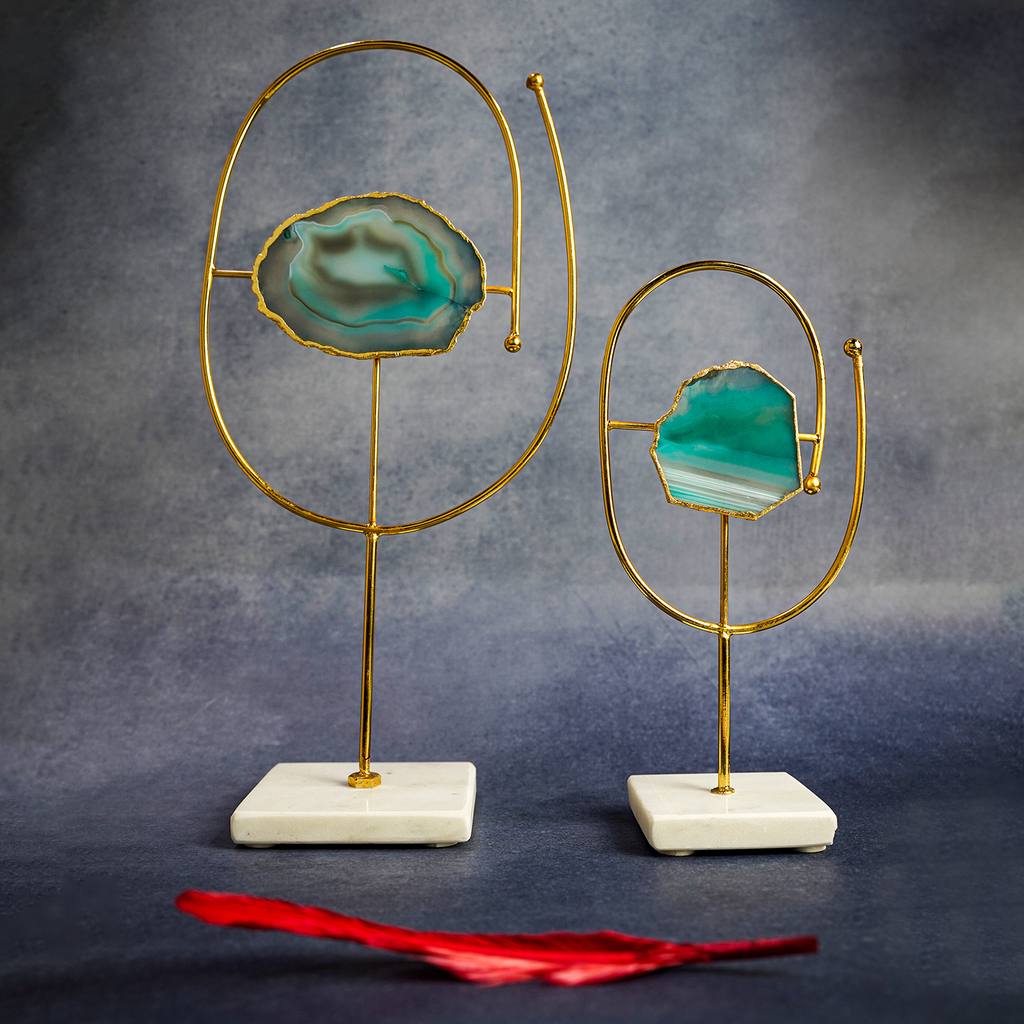 Turquoise Agate Metal Oval Shape Showpiece with Marble Base Set of 2 Home Decor Accent
