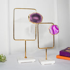 Pink Agate Metal Rectanguler Shape Showpiece with Marble Base Set of 2 Home Decor Accent