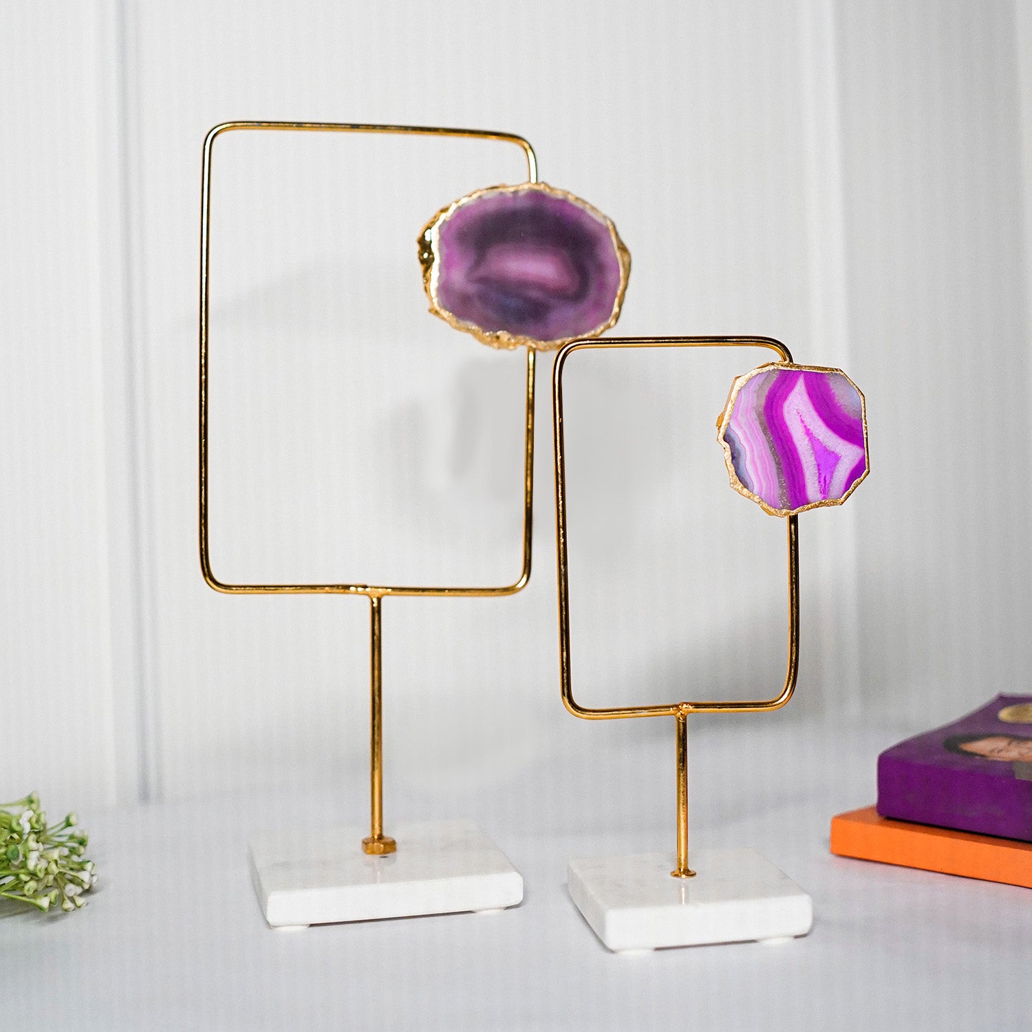 Pink Agate Metal Rectanguler Shape Showpiece with Marble Base Set of 2 Home Decor Accent
