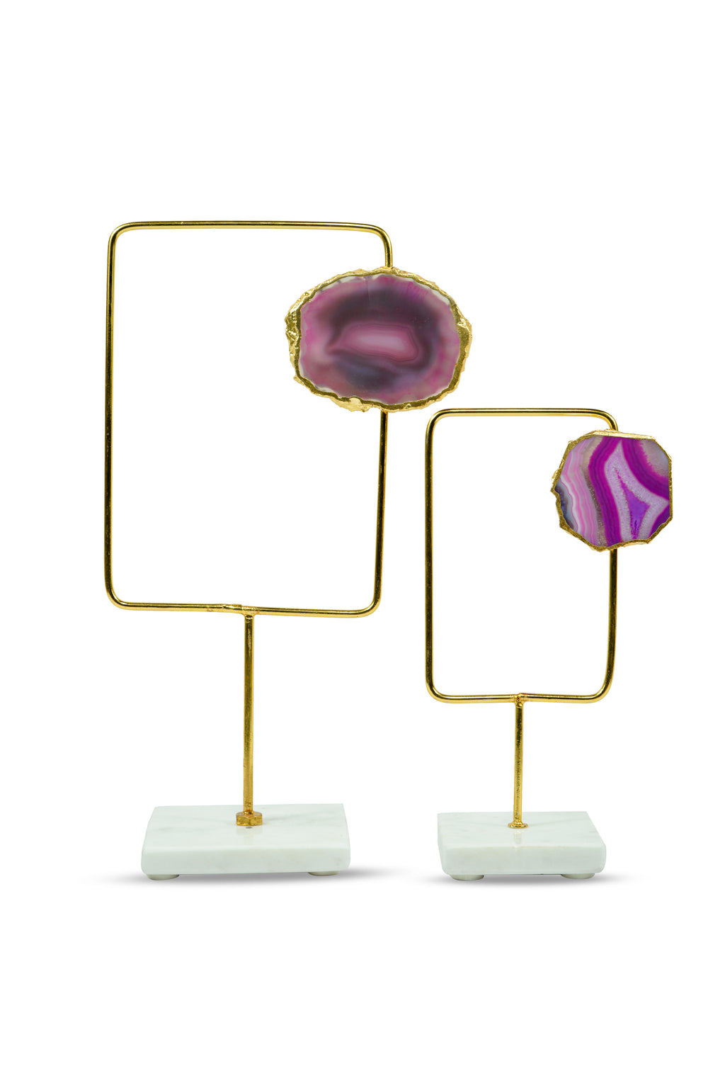 Pink Agate Metal Rectanguler Shape Showpiece with Marble Base Set of 2 Home Decor Accent