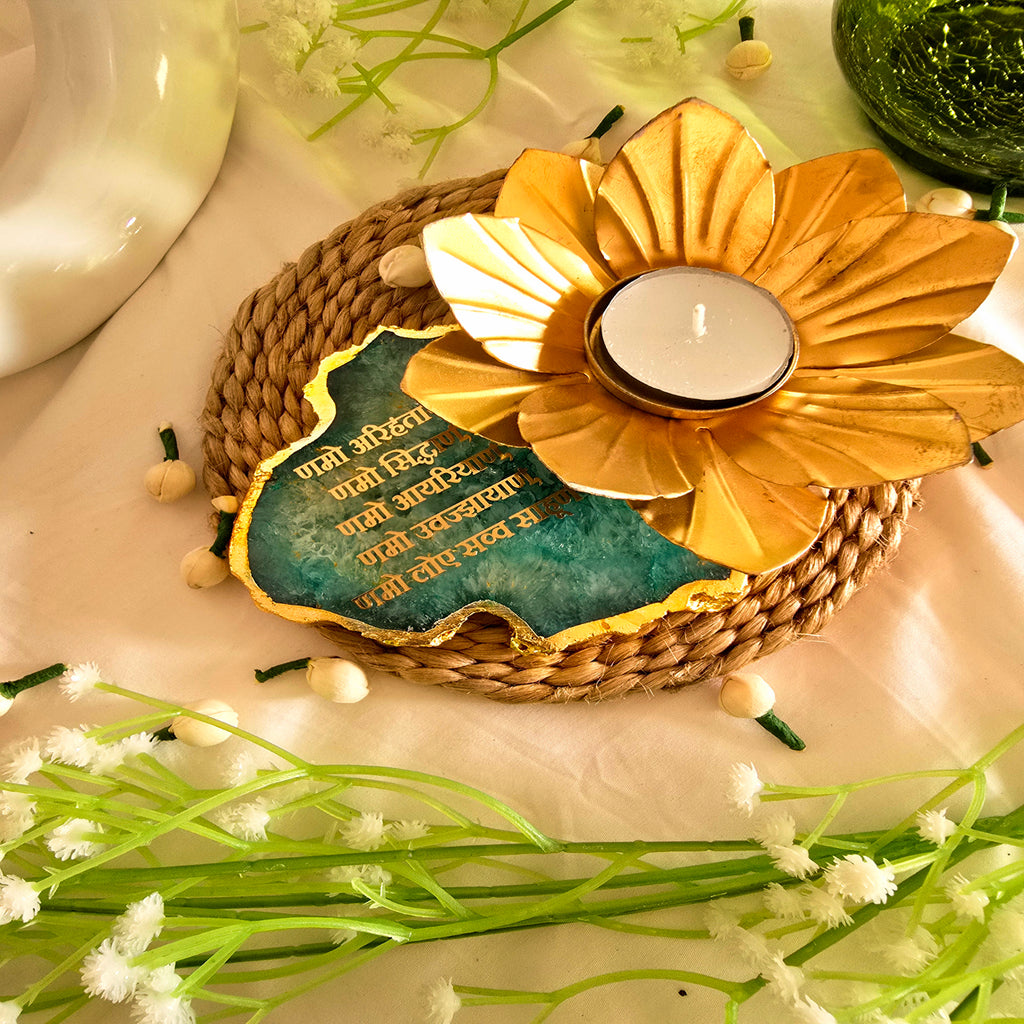 Agate Namokar Mantra Flower Shape Tealight Holder- Green