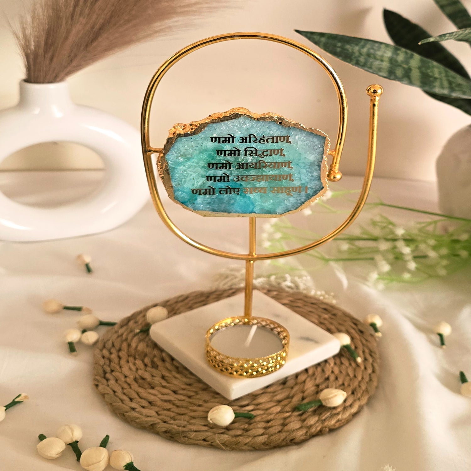 Agate Namokar Mantra Oval Shape Metal Showpiece- Turquoise