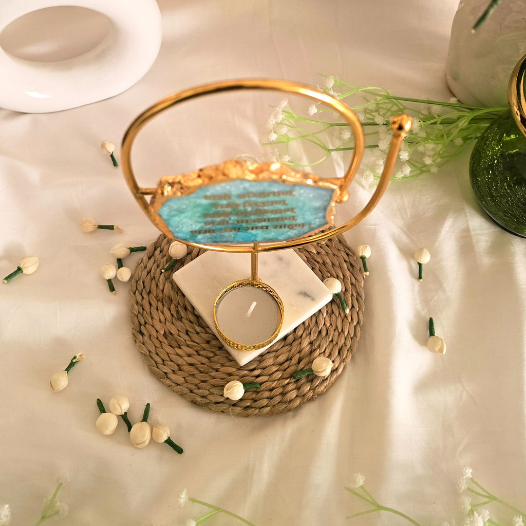 Agate Namokar Mantra Oval Shape Metal Showpiece- Turquoise